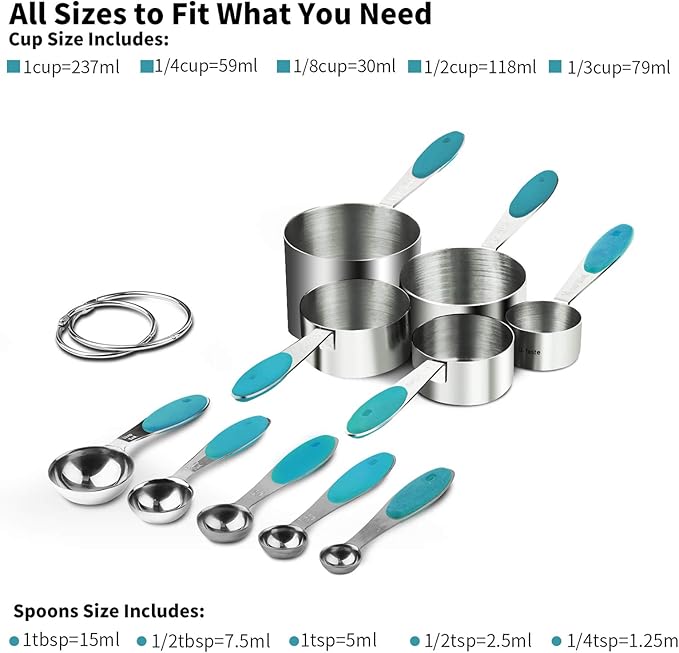 Measuring Cups : U-Taste 18/8 Stainless Steel Measuring Cups and Spoons Set of 10 Piece, Upgraded Thickness Handle (Teal) - Image 2