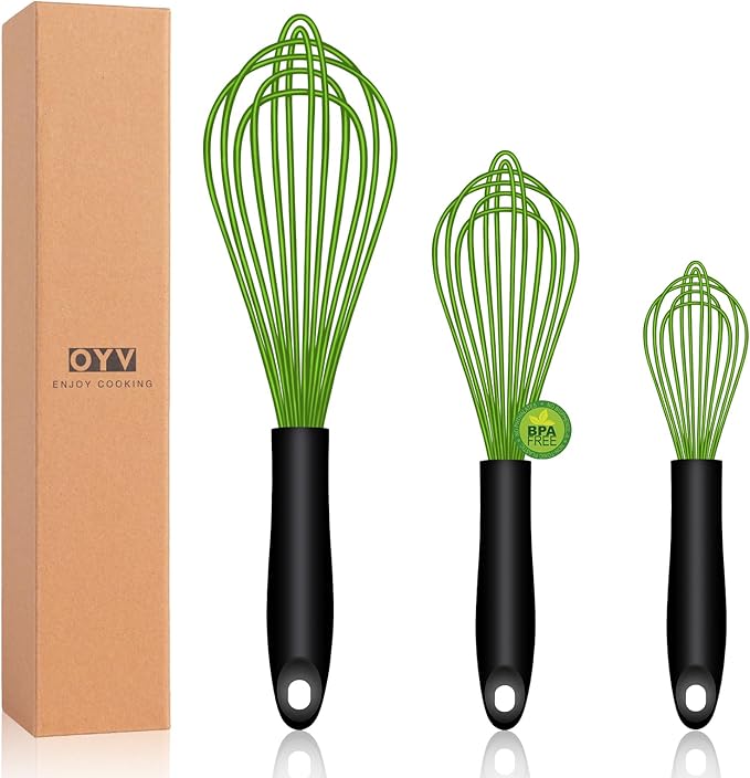 OYV Dishwasher Safe Green Silicone Whisk, Sealed Waterproof Design Set of 3, Professional Kitchen Whisks for Cooking Non-Scratch, Silicone & Stainless Steel Whisk, Heat Resistant Balloon Egg Beater by OYV