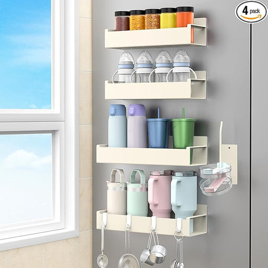 HuggieGems Magnetic Water Bottle Holder for Refrigerator, Cup Holder Organizer for Stanley and Tumbler for Kitchen, 4 Pack, Cream White by HuggieGems