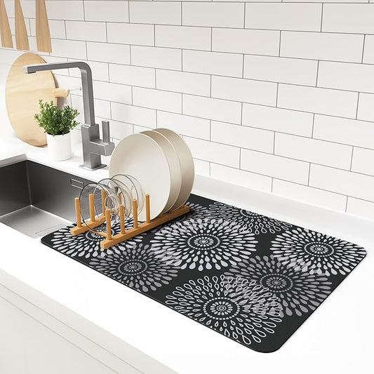 LuxStep Dish Drying Mat Super Absorbent Kitchen Counter Mat Rubber Backing Draining Mat Easy to Clean Kitchen Accessories Dish Rack Pad for Dishes, Utensils, Countertops, Sinks 16" x 24" Black by LuxStep