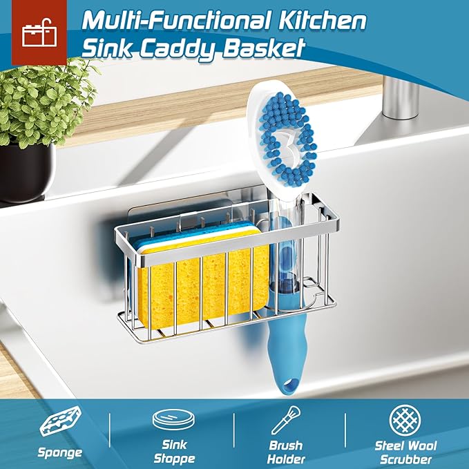 MURLONG Sponge Holder for Kitchen Sink,Sink Caddy Organizer with Suction Cups/Adhesive Strips,Dish Sponge Holder Design for Sponges,Scrubber,Stoppers-Silver - Image 5