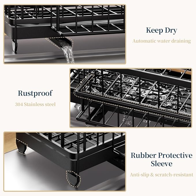 Consumest Sponge Holder for Kitchen Sink - Auto Draining Sink Caddy Organizer with Detachable Rack, High Brush Holder, Kitchen Countertop Storage Accessories, Black - Image 5