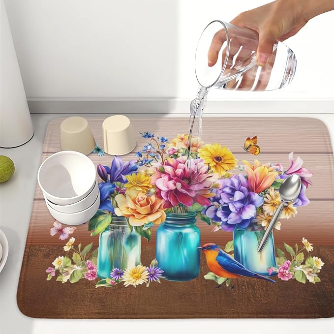 Spring Colorful Flowers Dish Drying Mat for Kitchen Counter,Vintage Plants Mason Jar Butterflies Drying Mat 18 x 24 Inch with Absorbent Reversible Microfiber Dish Drying Pad for Coffee Bar - Image 6