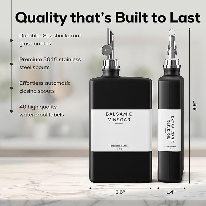 Black Glass Olive Oil Dispenser Bottle for Kitchen by Brighter Barns - Soy Sauce Dispenser, Coffee Syrup Bottle - Kitchen Decor for Restaurant, Airbnb, Coffee Bar Accessories (Black/Silver, Set of 2) - Image 3