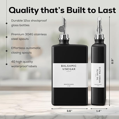 Black Glass Olive Oil Dispenser Bottle for Kitchen by Brighter Barns - Soy Sauce Dispenser, Coffee Syrup Bottle - Kitchen Decor for Restaurant, Airbnb, Coffee Bar Accessories (Black/Silver, Set of 2) - Image 3