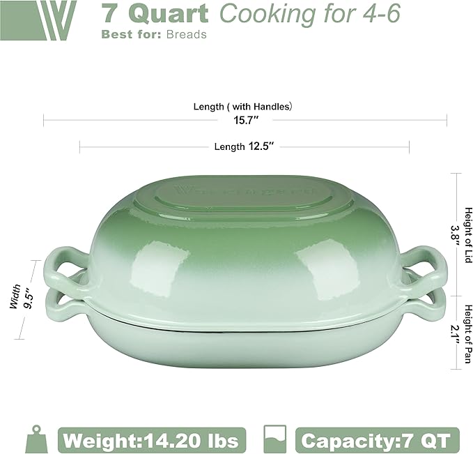 VORRINGARD Enameled Cast Iron Sourdough Bread Oven, Dutch Oven, Loaf Cast Iron Bread Pan for Homemade Bread Baking, Meatloaf Pan with Lid, 7QT, Green - Image 2
