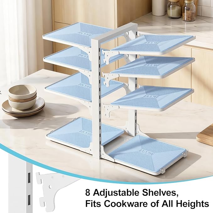 LAMU Pots and Pans Organizer under Cabinet, 8 Tier Heavy Duty Pan Organizers inside Cabinet, Adjustable Pot Rack for Small Kitchen Storage, 15" Height Holds Cast Iron Pans and Skillets White - Image 4