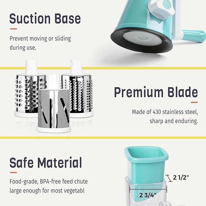 X Home Rotary Cheese Grater for Kitchen, Shredder with 3 Interchangeable Blades, Rotary Grater with Handle and Strong Suction Base, for Vegetables, Fruit, Nuts, Easy to Use and Clean, Blue - Image 6