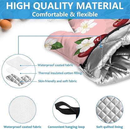 Cherry Oven Mitts and Pot Holders Sets Heat Resistant 4Pcs White Flower Potholders Oven Gloves Hot Pads for Kitchen Baking Cooking Grilling BBQ
