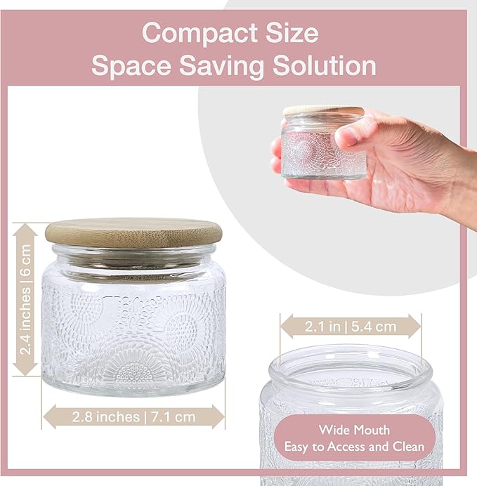 4 oz Mini Glass Jars with Airtight Bamboo Lids 12 pack, Decorative Small Food Storage Canister, Vintage Embossed Home Décor Candle Parties Wedding Baby Shower Favors Gift