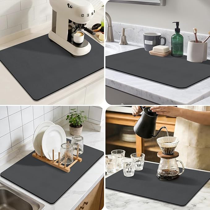 Coffee Mat,Absorbent Dish Drying Mat for Kitchen Counter,Coffee Bar Mat,Non-Slip Rubber Backed,Hide Stains & Quick Dry,for Espresso Machine,Coffee Station,Cups & Sink,12" x 20"(Dark Grey)