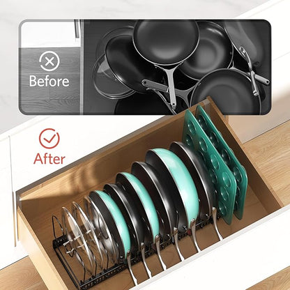 ORDORA Pots and Pans Organizer Under Cabinet, Expandable 11.8"-22.8" Pot Lid Holder with 14 Adjustable Dividers, Pan Organizers inside Cabinet for Kitchen Cookware Bakeware, Black - Image 6