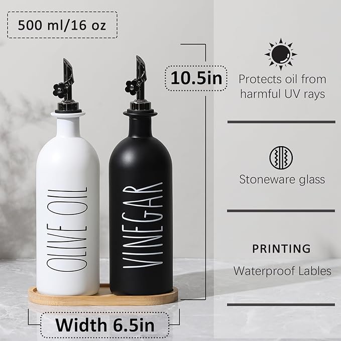 HOMCDALY 16oz Olive Oil Dispenser Bottles for Kitchen, Glass Oil Dispenser for Kitchen with Bamboo Tray, Oil&Vinegar Dispenser Set | Set of 2 (16oz-P-Black&White) - Image 3