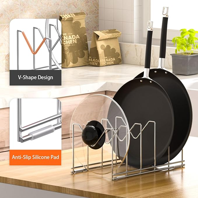 HzTinT 3 Pack Pot Lid Organizer for Cabinet, Stainless Steel Pot Lid Rack with Anti-slip Pad, Lid Holder for Pans Pots, Bakeware, Plates, Cookie Sheets, Trays, Dish, Cutting Boards, Silver - Image 2