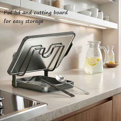 Kitchen Pot Lid Storage Rack, Stainless Steel Pot Lid Holder While Cooking for Countertop, Multifunctional Pots Lids Organizer Rack with Removable Drip Tray for Spatulas, Ladles & Large Lids (Gray2)