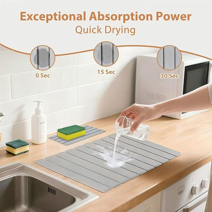2 PCS Large Stone Dish Drying Mat for Kitchen Counter with Water Absorbing Sink Tray,24x16 Inch Foldable Diatomaceous Earth Dish Mat & 8x4 Inch Stone Coasters Tray,Super Absorbent Quick Dry - Image 3