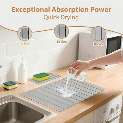 2 PCS Large Stone Dish Drying Mat for Kitchen Counter with Water Absorbing Sink Tray,24x16 Inch Foldable Diatomaceous Earth Dish Mat & 8x4 Inch Stone Coasters Tray,Super Absorbent Quick Dry - Image 3