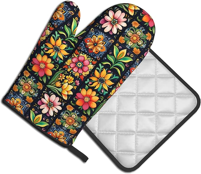 Mexican Oven Mitts and Pot Holders - Colorful Flowers Kitchen Mitt Sets of 2 Boho Oven Gloves Hot Pads for Cooking Baking Grilling - Image 2