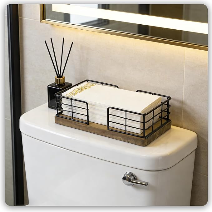 Kordory Wooden Guest Towel Holder Tray for Bathroom, Black Bamboo Counter Rectangular Bathroom Napkin Holder for Ktichen, Disposable Hand Towel Holder Tray for Home, Bar, Hotel, Office(Light Brown)