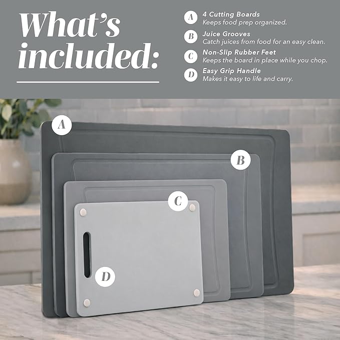 COOK WITH COLOR Non-Slip Cutting Board Set – Kitchen Essentials with Easy Grip Handle for Meat, Veggies, and Fruits, 4 Cutting Boards, Gray-New - Image 2