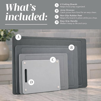 COOK WITH COLOR Non-Slip Cutting Board Set – Kitchen Essentials with Easy Grip Handle for Meat, Veggies, and Fruits, 4 Cutting Boards, Gray-New - Image 2