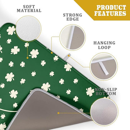 Giwawa St Patricks Day Dish Drying Mat Green Lucky Clovers Dish Drainer Mats 18"x24" Shamrock Holiday Microfiber Reversible Dish Drying Rack Pad Protector for Kitchen Countertop Large Decor