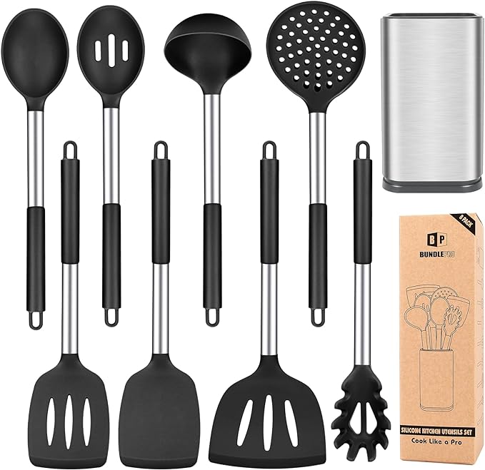 Silicone Cooking Utensil Set, 8Pcs Non-stick Cookware with Stainless Steel Handle, BPA Free Heat Resistant Kitchen Tools with Spatulas, Turners, Spoons, Skimmer and Pasta Fork by BUNDLEPRO
