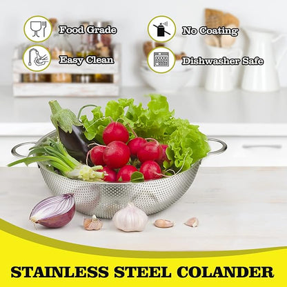 P&P CHEF Stainless Steel Colander, Micro-Perforated Food Strainer with Handle for Washing Draining, Great for Pasta Fruits Vegetables, Dishwasher Safe & Healthy, 1 +3 Qt, 2Pcs - Image 2