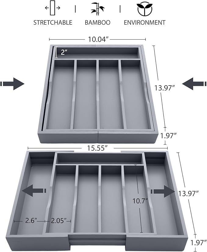 Expandable Bamboo Kitchen Drawer Organizer for Cutlery and Utensils, Adjustable Bamboo Wood Cutlery Tray in Drawer for Flatware and Silverware in Kitchen, (Grey) - Image 2