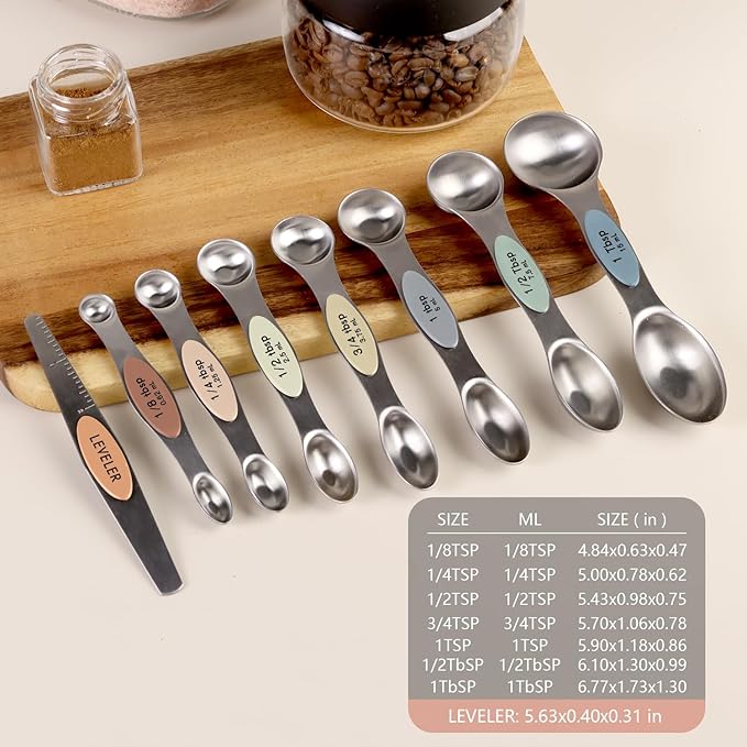 ChefAide Pack of 8 Stainless Steel Magnetic Measuring Spoons Set, Dual Sided, Stackable, Adjustable Teaspoon and Tablespoon Measure Spoon with Leveler, Kitchen Gadgets - Image 2