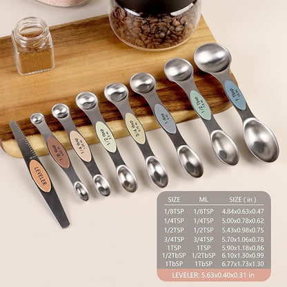 ChefAide Pack of 8 Stainless Steel Magnetic Measuring Spoons Set, Dual Sided, Stackable, Adjustable Teaspoon and Tablespoon Measure Spoon with Leveler, Kitchen Gadgets - Image 2
