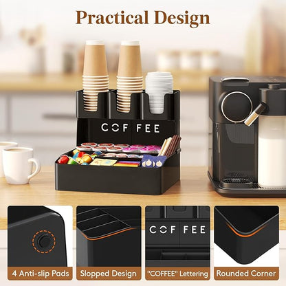 Lifewit 2-tier Coffee Station Organizer Caddy for Countertop, 10 Compartments Coffee Bar Organizers for Cups, Pods, Sugar, Compact Condiment Holders Storage for Office Breakroom Kitchen Home Black - Image 5