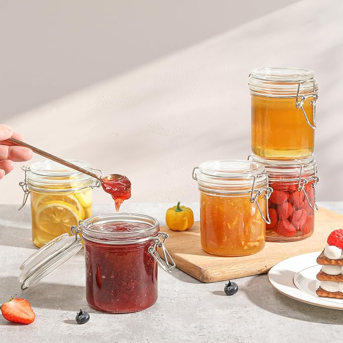 ComSaf 8oz Glass Jars with Airtight Lids (Set of 6), Cylindrical Jelly & Spice Jars for Pantry Organization, 240ml Small Canisters with Wire Clamp for Sourdough Discard, Jam, Honey & More - Image 6