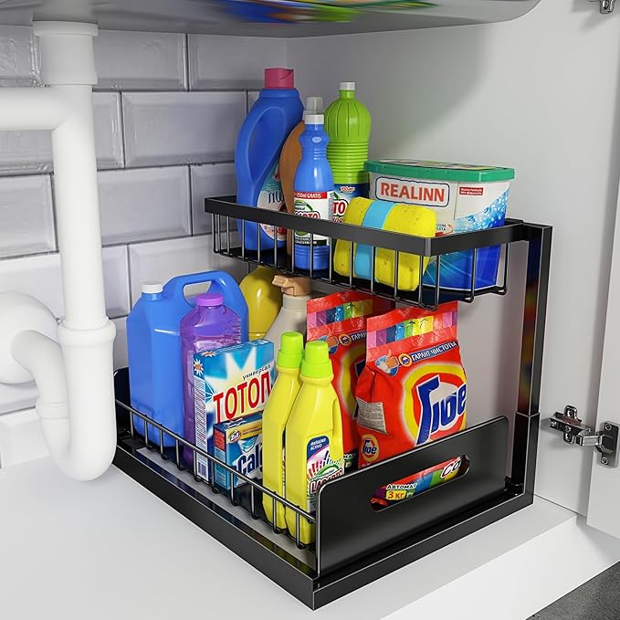 REALINN Under Sink Organizer, Pull Out Cabinet Storage 2 Tier Slide Out Sink Shelf, Kitchen Organizers and Storage, Black, 1 Pack by REALINN
