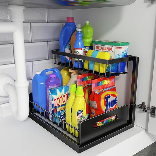 REALINN Under Sink Organizer, Pull Out Cabinet Storage 2 Tier Slide Out Sink Shelf, Kitchen Organizers and Storage, Black, 1 Pack by REALINN