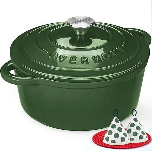 Overmont Enameled Cast Iron Dutch Oven - 5.5QT Pot with Lid Cookbook & Cotton Potholders - Heavy-Duty Cookware for Braising, Stews, Roasting, Sourdough Baking Glossy Green by Overmont