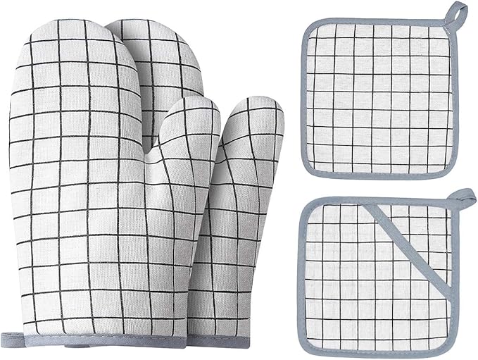 Oven Mitts and Potholders BBQ Gloves-Oven Mitts and Pot Holders with Recycled Infill Silicone Non-Slip Cooking Gloves for Cooking Baking Grilling (4-Piece Set) (White) by Win+Change
