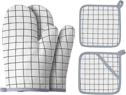 Oven Mitts and Potholders BBQ Gloves-Oven Mitts and Pot Holders with Recycled Infill Silicone Non-Slip Cooking Gloves for Cooking Baking Grilling (4-Piece Set) (White) by Win+Change