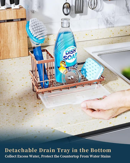 Consumest Sponge Holder for Kitchen Sink - Sink Caddy Kitchen Organizer with Removable Drip Tray for Countertop Dish Soap Dispenser Brush Storage Accessories 304 Stainless Steel, Rose Gold - Image 4
