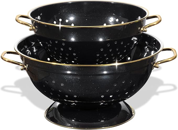 Metal Colander 2 Pack, 3.5 Quart Powder Coated Self-draining Solid Ring Base Metal Large Kitchen Pasta Vegetable Fruit Strainer with Handle (L-BLACK) by Unknown