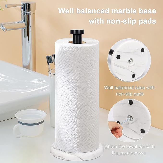 NearMoon Standing Paper Towel Holder, Kitchen Paper Towel Tissue Holder- for Bathroom Countertop, Standard or Jumbo-Sized Roll Paper (with Marble Base, Matte Black) - Image 6