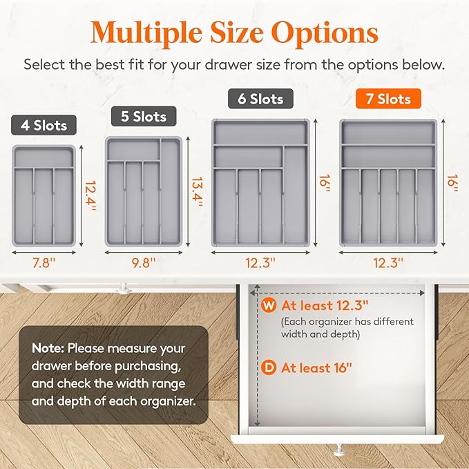 Lifewit Silverware Drawer Organizer Tray, Plastic Cutlery Storage for Kitchen, Flatware and Utensil Holder Divider for Spoons Forks Knives Tableware, 12.3 x 16", 7 Slots, Gray - Image 2