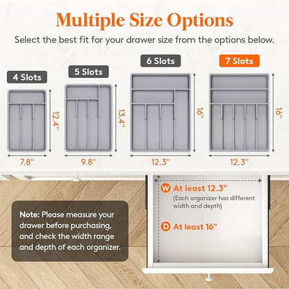 Lifewit Silverware Drawer Organizer Tray, Plastic Cutlery Storage for Kitchen, Flatware and Utensil Holder Divider for Spoons Forks Knives Tableware, 12.3 x 16", 7 Slots, Gray - Image 2