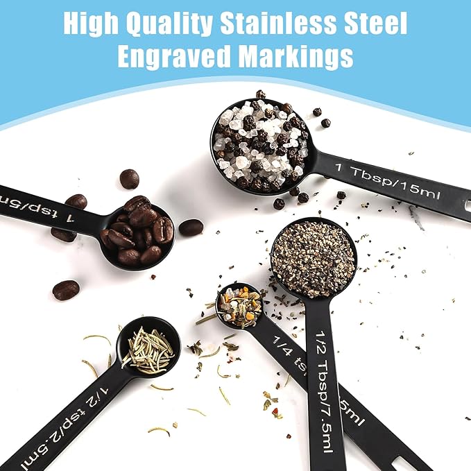 Stainless Steel Measuring Spoons Set of 5, Metal Measuring Cups for Liquid/Food/Kitchen/Baking (Black) - Image 2