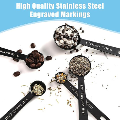 Stainless Steel Measuring Spoons Set of 5, Metal Measuring Cups for Liquid/Food/Kitchen/Baking (Black) - Image 2