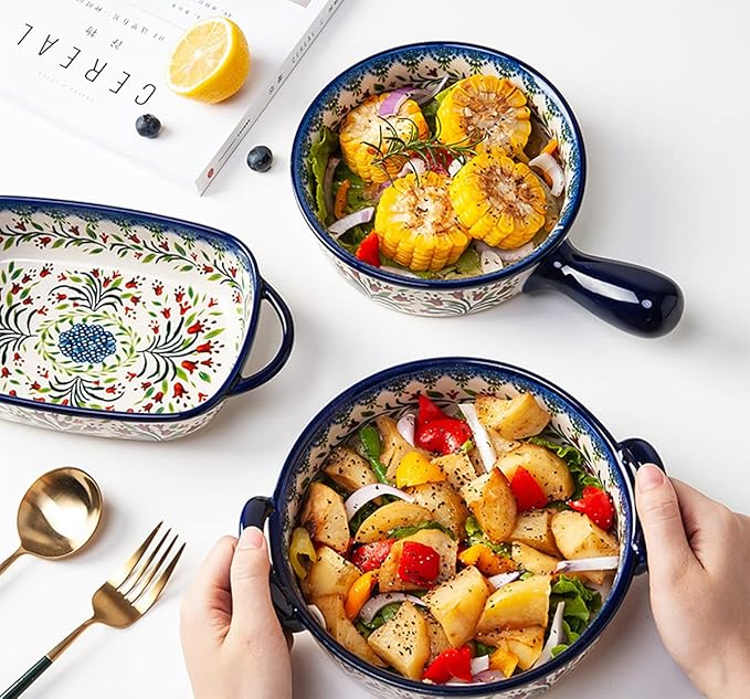 Vintage Style Tulip Flower Pattern Ceramic Bakeware Casserole Dish Baking Pan Lasagna Pans Baking Dish with Handles for Oven/Cooking/Kitchen-1 PCS-32 OZ - Image 4