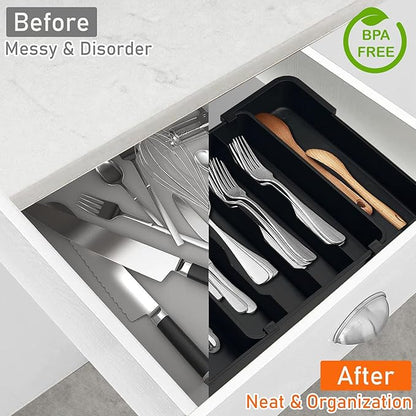 Spaclear Kitchen Silverware Organizer for Drawer - Expandable Silverware Drawer Organizer Adjustable Utensil Drawer Holder, Flatware Cutlery Tray for Spoons Forks Kitchen Organizers Storage,Black, S