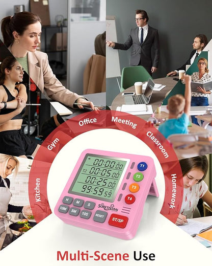 Digital Kitchen Timer for Cooking - 4 Channel Count Up Countdown Timer with Loud Alarm and Silent Mode, Large Display, Magnetic Back, Auto Memory for Classroom Study Gym, Battery Included (Pink) - Image 7