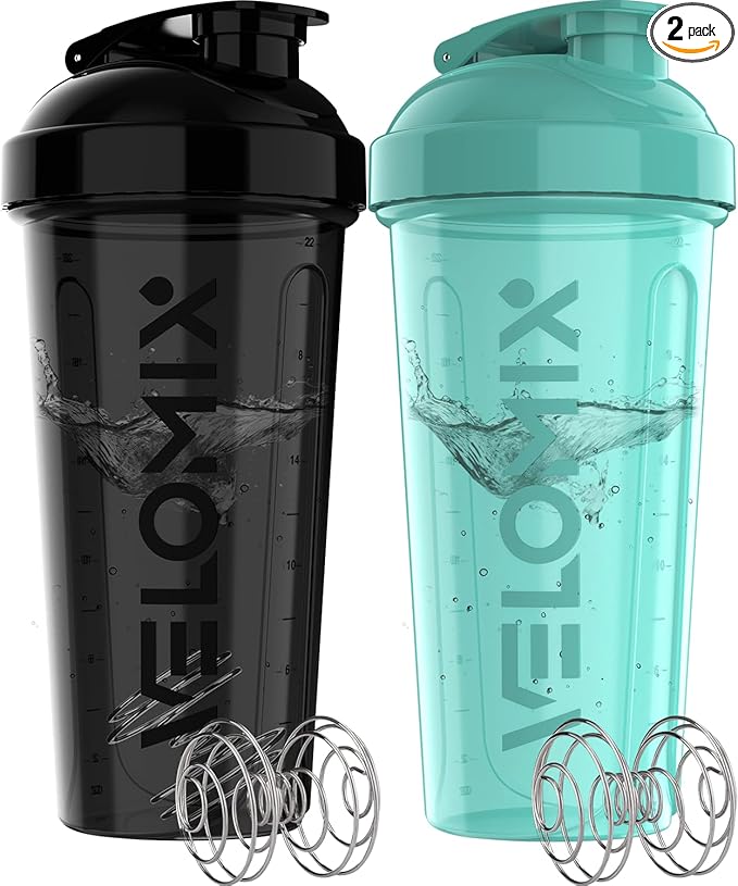 VELOMIX -2 Pack- 28 oz Protein Shaker Bottles for Protein Mixes - 2x Wire Whisk | Leak Proof Shaker Cups for Protein Shakes and Pre Workout | Protein Shaker Bottle Pack (B4) Black/Turquoise