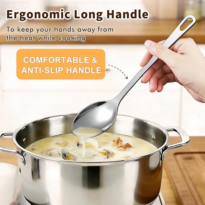 2 Pcs Stainless Steel Cooking Spoons Set, Solid & Slotted Metal Serving Spoons, Heavy Duty Sturdy Large Soup Ladle, High Heat Resistant Kitchen Cooking Utensils for Mixing, Stirring, Easy to Clean - Image 4